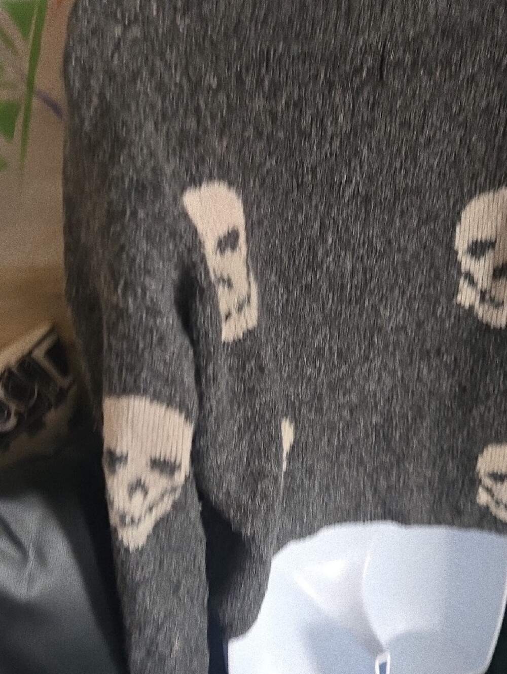 Pink Rose Charcoal Gray Crewneck Sweater with Cream Skull Motif - Picture 4 of 4